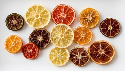 Colorful dried citrus fruits arranged artistically on white background for decoration
