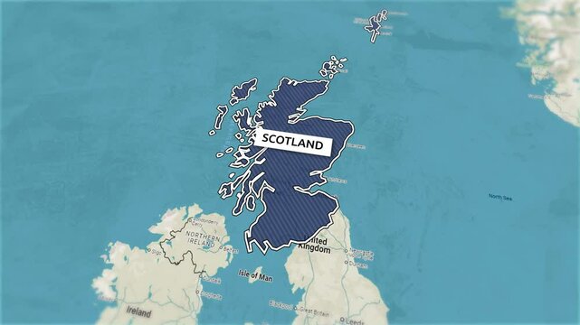 Borders of the state of Scotland on the map. Country Scotland on the map is highlighted by a polygonal border. Map animation. From above zooming in with panoramic view