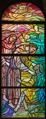 Fotobehang FLORENCE, ITALY - MARCH 21, 2025: The St. Francis of Assisi and poor brodhers on the modern stained glass in the church Chiesa di San Francesco by P. Alberto Farina from year 1994. © Renáta Sedmáková