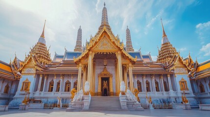 Fototapeta premium Magnificent golden temple in a serene landscape showcases intricate architecture under a blue sky