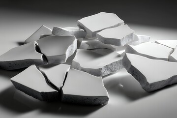 Scattered white ceramic pieces on reflective surface