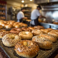 A delicious display of bagels in a bakery