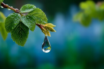 Close-up of dew drop hanging from leaf with vivid green and blue background