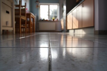 Sunlit kitchen floor with shiny white tiles reflecting morning light