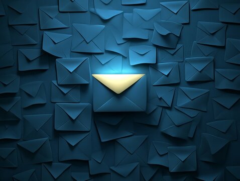 Bright yellow glowing envelope amid blue paper envelopes attached to textured wall, digital art representing email communication, standout message, urgent alert, marketing concept