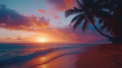 Colorful sunset over a tranquil beach with palm trees reflecting on the water in a serene coastal setting
