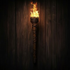Elegant medieval-inspired fantasy lit torch with flame and intricate design, vibrant orange and yellow flames against aged wooden plank background, warm glow, detailed texture, ideal