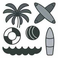 Monochrome Summer Beach Vector Icons 