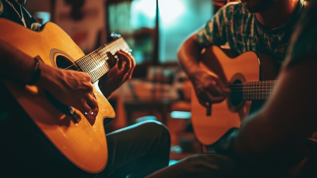 People are playing acoustic guitars indoors during a jam session