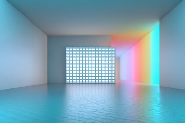 Futuristic minimalist interior with colorful light reflections and grid structure