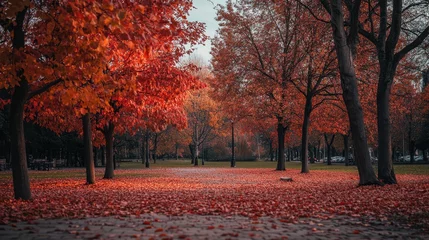 Fototapete Beautiful autumn landscape with vibrant red and orange trees in park during late afternoon © Terablete