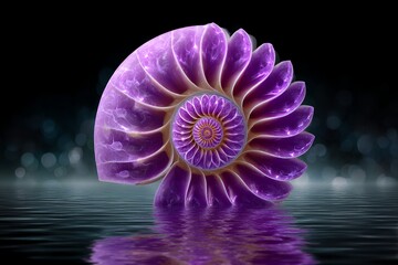 Iridescent purple nautilus shell reflecting on water at night