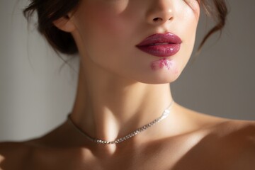 Close-up of young caucasian female with red lipstick and lip makeup smudge