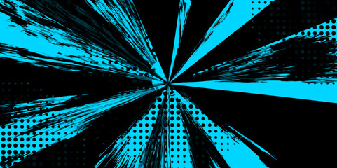 Abstract Dynamic Grunge Halftone Comic Explosion Burst in Blue and Black.