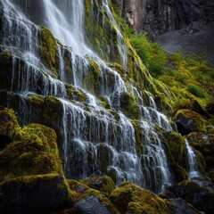 A stunning waterfall cascading over mossy rocks. The water is a beautiful pure white, creating a dramatic contrast with the greens and grays