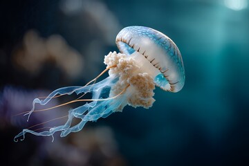 Vibrant blue jellyfish gliding gracefully underwater in ocean depths