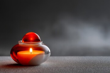 Glowing red candle in glass holder with soft lighting on grey background