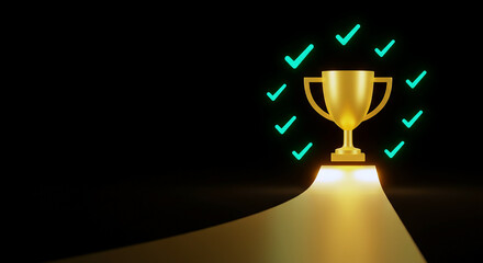 A golden trophy sits atop a glowing path, surrounded by teal checkmarks, symbolizing achievement and success. The dark background creates a dramatic and celebratory mood.