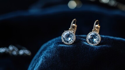 Delicate gold earrings with round, light blue gemstones.