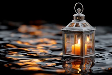 Glowing lantern floating on reflective water surface at night