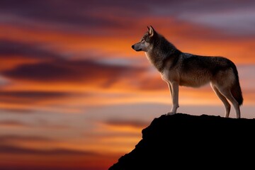 Wolf silhouette against vibrant sunset sky on cliff
