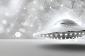 Futuristic silver ufo spaceship with geometric patterns and illuminated lights