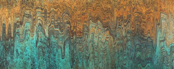 Sophisticated abstract layered topographic pattern with vibrant orange brown upper hues, transitioning to teal and dark blue lower tones, featuring textured wavy lines and stratified