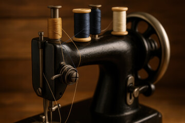 Close up of vintage sewing machine with colorful spools of thread on wooden background, emphasizing craftsmanship and textile detail