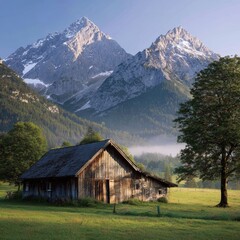 Fototapeta premium A tranquil landscape featuring a rustic barn nestled amidst majestic mountains. The scene evokes a sense of peace and natural beauty.