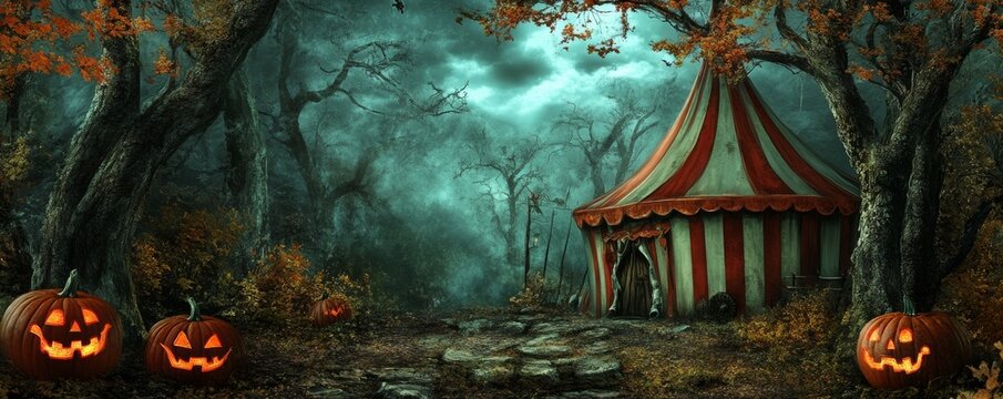 Spooky forest scene featuring a large red-and-white striped circus tent amidst eerie, misty trees with glowing jack-o'-lanterns in the foreground, dark teal sky, halloween decorations