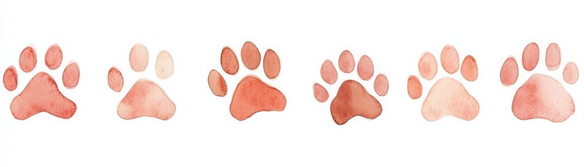Stylized watercolor paw prints arranged in a linear row on white background, watercolor illustration in shades of reddish-brown and white, minimalistic playful pet motif, suitable for