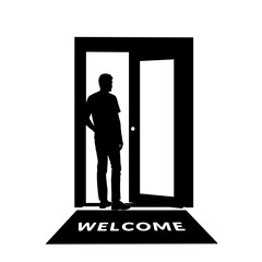 Silhouette of man with welcome mat at open door, new beginning concept
