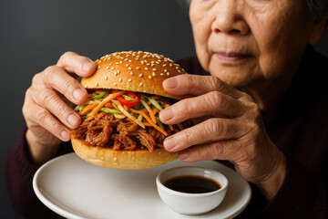 Elderly person holding large pulled pork sandwich with fresh vegetables and spicy sauce on sesame bun, closeup meal concept