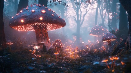 Mysterious glowing mushrooms illuminate the forest floor at night, creating an enchanting atmosphere among trees