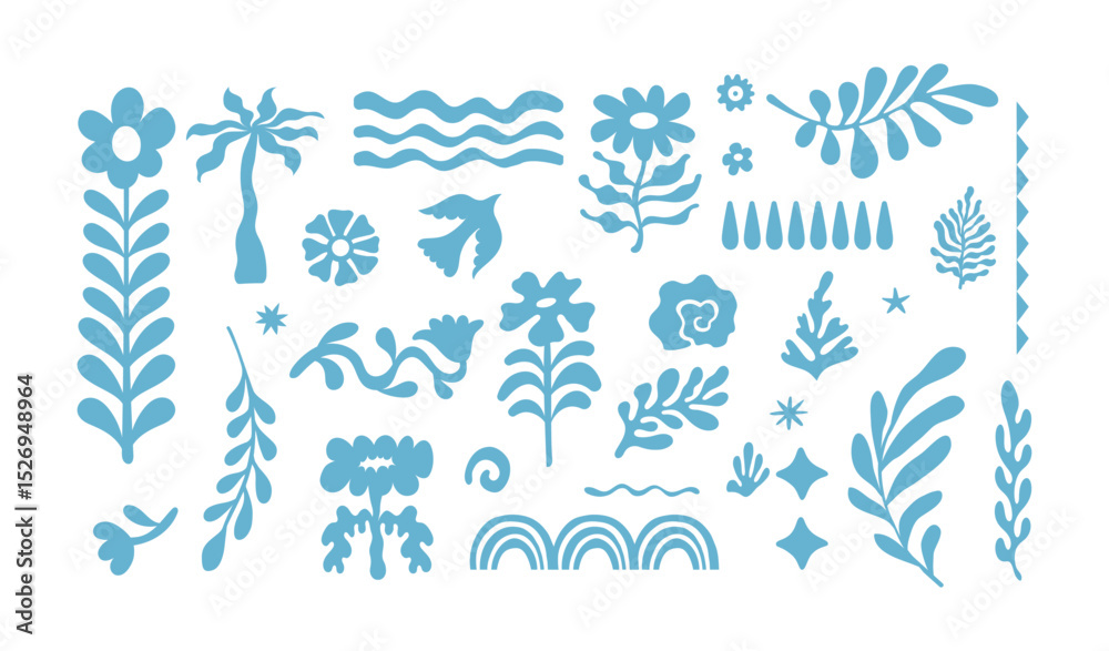 Poster Vector set of hand drawn cut out style elements and illustrations - abstract design elements for party and picnic invitations, summer  greeting cards, prints, in marine coastal style