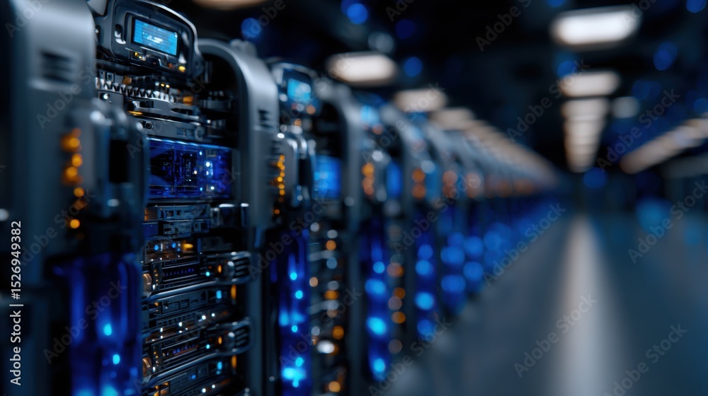 Poster rows of servers arranged in a high-tech data center feature glowing blue lights, emphasizing the adv