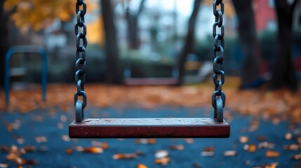 A vintage, rusty swing hangs alone on a fall day at the park.