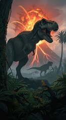 Tyrannosaurus Rex Volcano Eruption Prehistoric Era Dinosaur Illustration