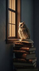Wise Owl Perched on Stack of Books by a Window in Soft Light