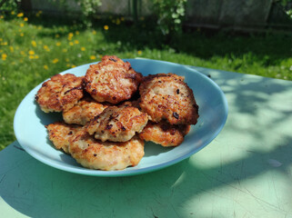 Homemade cutlets in a plate. Cutlets on a nature background. food and cooking. homemade food