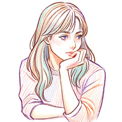 Young Woman Pensively Resting Chin on Hand, Illustration
