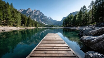 Fototapeta premium A wooden dock stretches out over a tranquil lake, surrounded by lush green trees and towering mountains under a clear blue sky, inviting peaceful reflection and nature appreciation.