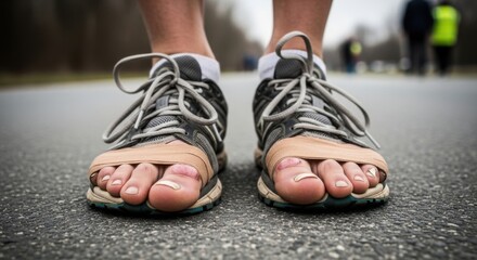 Close-up of Feet in Minimalist Running Shoes on Asphalt Road