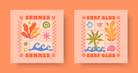 Summer illustrations with sea ocean waves,coral,star,sun.Groovy boho beach,surf club retro aesthetic.Summer vacation backgrounds in simple funny style.Graphic prints for shirts,banners,covers,branding