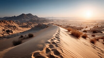 Naklejka premium The golden sands of a vast desert stretch towards the horizon, dotted with sparse vegetation. Mountains rise in the background as the sun sets, casting warm light over the landscape.