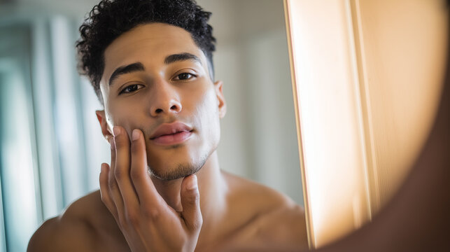 Young man applying facial cream in front of the bathroom mirror as part of skincare routine.
