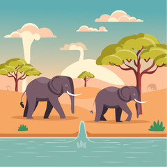 Elephants at a Waterhole – Dust clouds rising as a herd gathers, acacia trees in the background.
