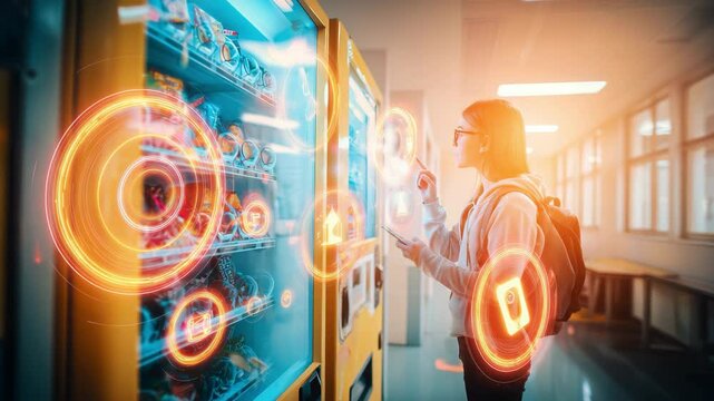 High school student uses smartphone for vending machine payment with animated HUD elements
