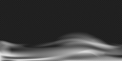 Horizontal Vapor Stream Effect with Soft Light Texture.Horizontal white smoke wave overlay with soft flowing motion and transparent background. Vector illustration