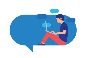 Social media, communication, chatting, social media. Man sitting on speech bubbles.